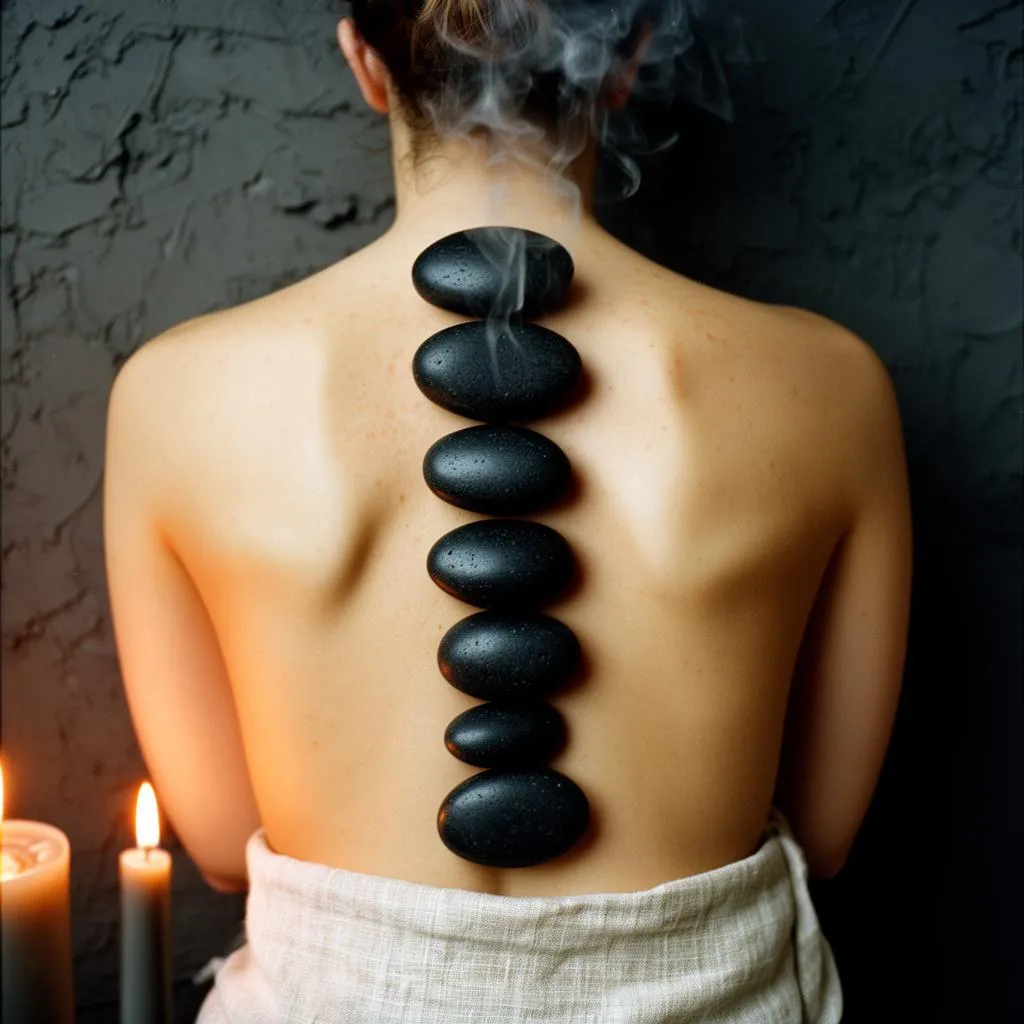 Warm hot stones resting along a guest's back at Miracle Hands Massage & Spa in Centreville, VA